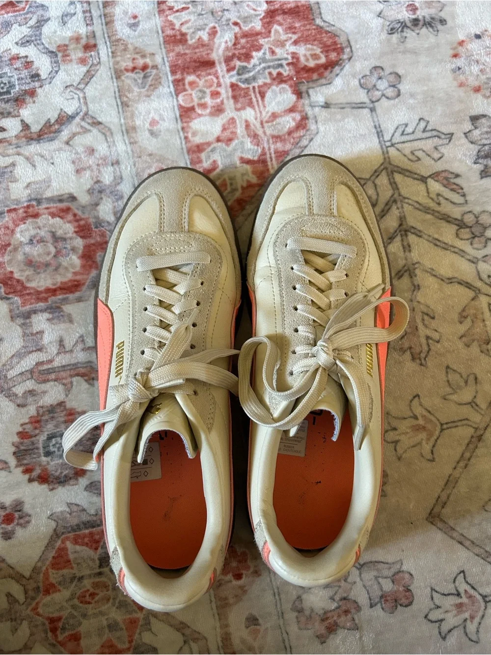 Puma Cream Sneakers with Coral Side Stripe and Brown Sole
